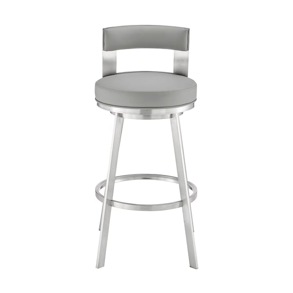 Lynof Swivel Counter Stool In Brushed Stainless Steel With Light Grey Faux Leather